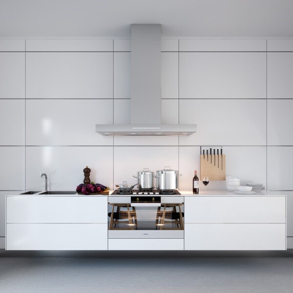 White Symmetrical Kitchen- range with natural wooden kitchen accessories