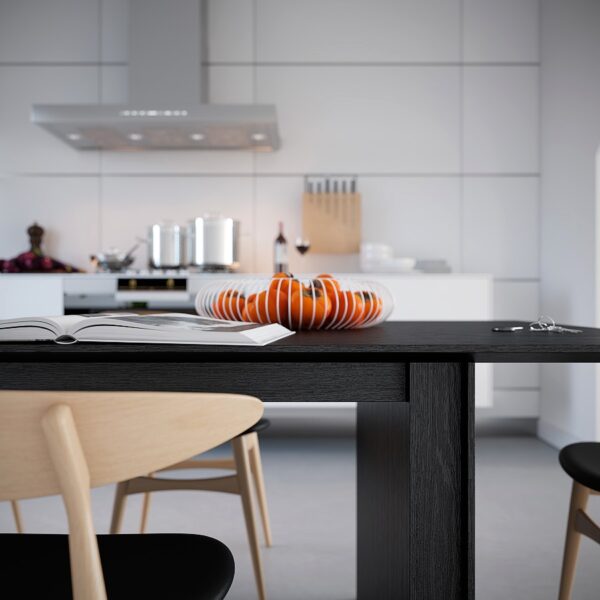 This white symmetrical kitchen, from its splash back feature wall of many segments to its dining table thoughtfully topped by a fruit bowl of continuous wire lines, lies distinctly juxtaposed to that which follows it: an open plan kitchen, dining and living space dominated by a textural navy wall that spans its length and serves to accentuate the indoor greenery which intensifies set against the dark background. This type of experimentation with color blocking has been prevalent to a greater extent within spaces of a commercial nature and the final submission from Triple D, a bold, red accented bistro-style space speaks to its origins.