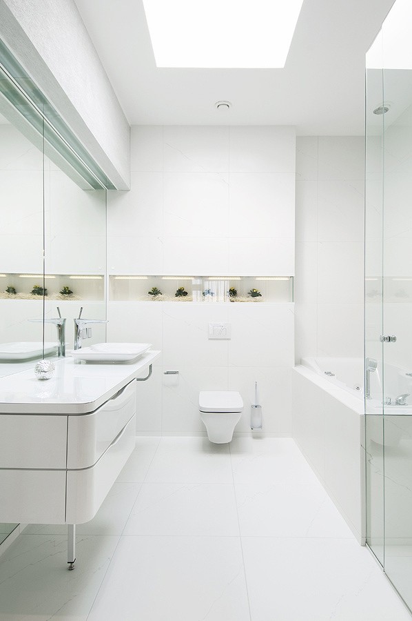 bathroom reflective white surfaces with decorative niche and plants portrait