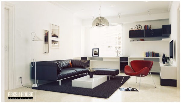 black white living room red accents