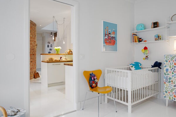 k Urban Apartment with Terrrace- white canvas with bright accessories nursery off kitchen