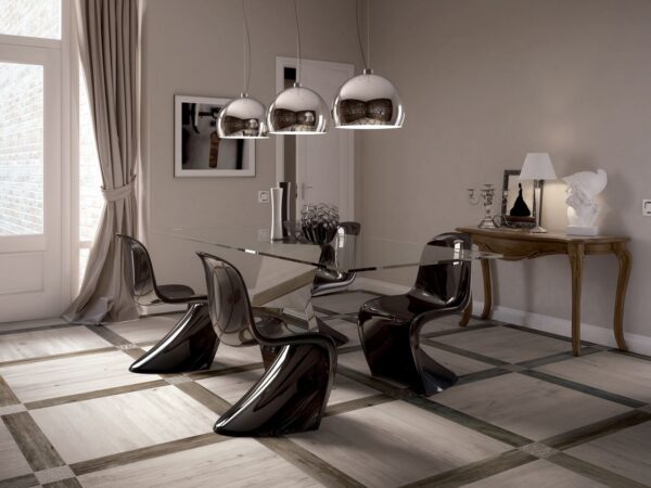 light and dark contrasting wooden tiled floor dining