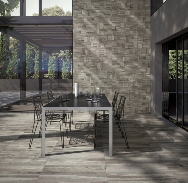 light grey wooden floor and wall tiles outdoor space