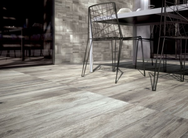 light grey wooden floor and wall tiles outdoor space closeup