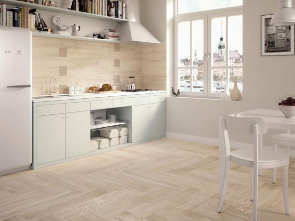 light wooden tiled kitchen splashback and floor wood floor tiles white