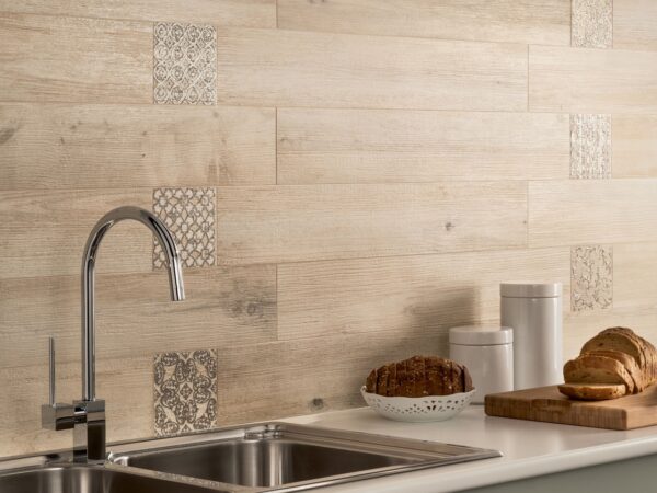 light wooden tiled kitchen splashback closeup