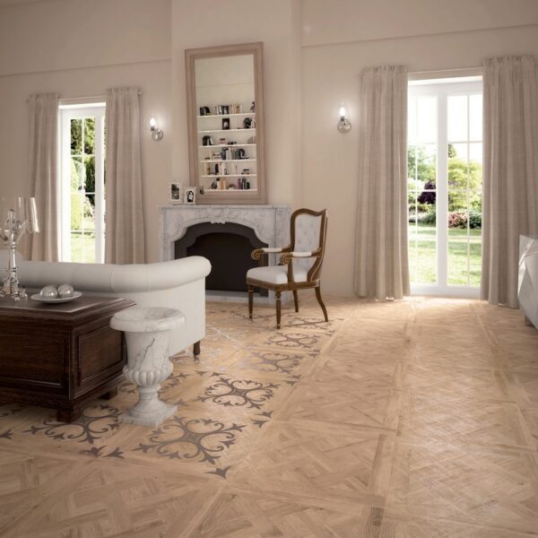 medium Patterned wooden floor tiles with fleur de lis motif