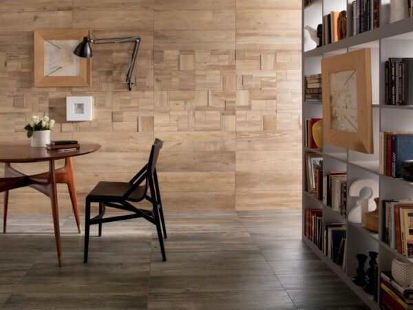 medium contrasting wooden floor and wall tiles