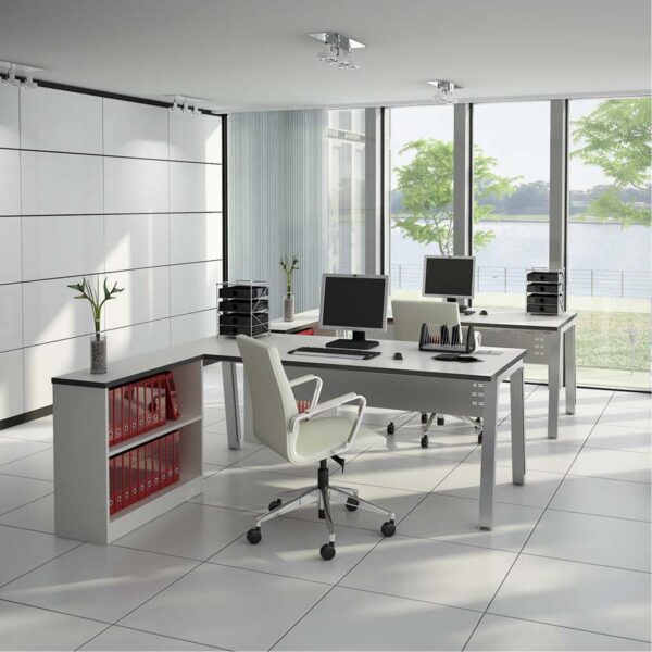 square white tiled workspace with panelled glass wall and views