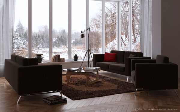 25Creative- chocolate living room with windowed wall