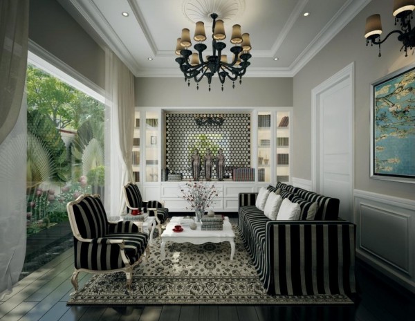 Dramatic black and white living with chandelier