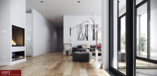 Hoang Minh- Nordic style living with wooden floors and fireplace