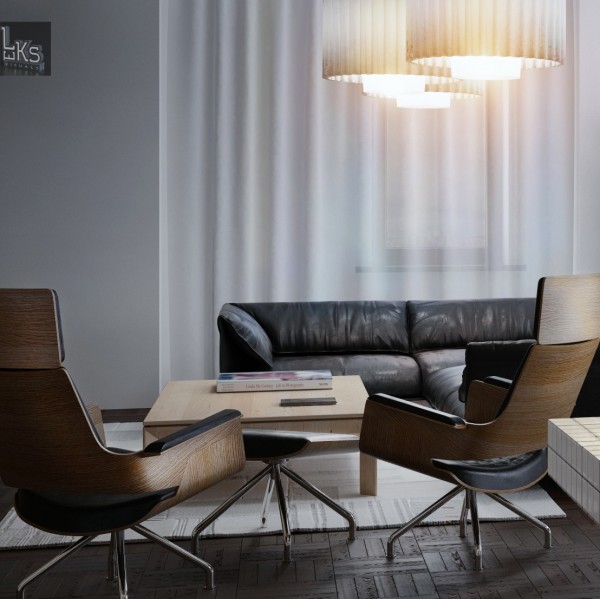 Leks Architects Kiev Apartment- black and wood lounge with modern pendant lighting