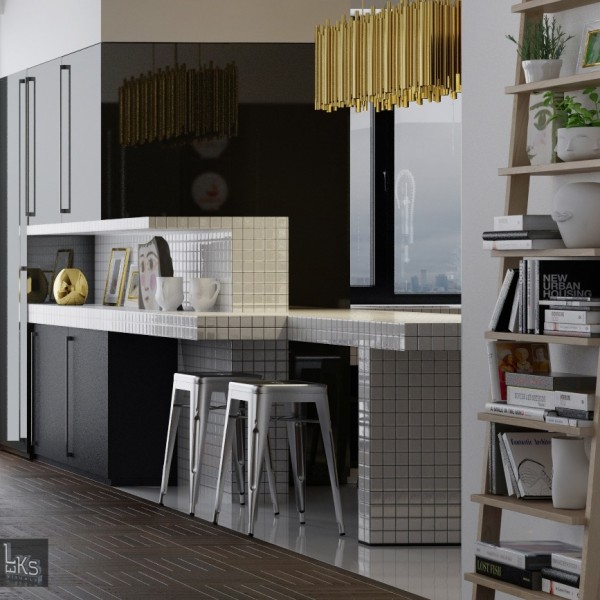 Leks Architects Kiev Apartment- black lacquered kitchen cabinetry with stainless steel industrial stools