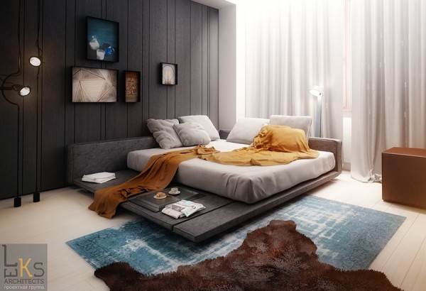 Leks Architects Kiev Apartment- double day bedroom in complementary palette with layered rugs
