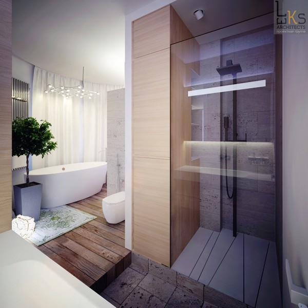 Leks Architects Kiev Apartment- elemental bathroom with contrasting grains of wood and modern shower