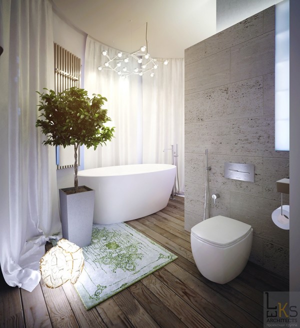 Leks Architects Kiev Apartment- elemental bathroom with wooden floors and substantial tub