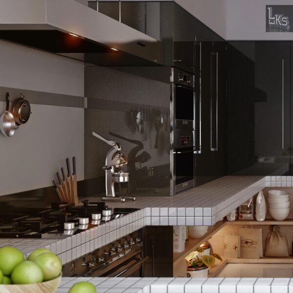 Leks Architects Kiev Apartment- monochrome lacquered kitchen cabinetry with spider burners