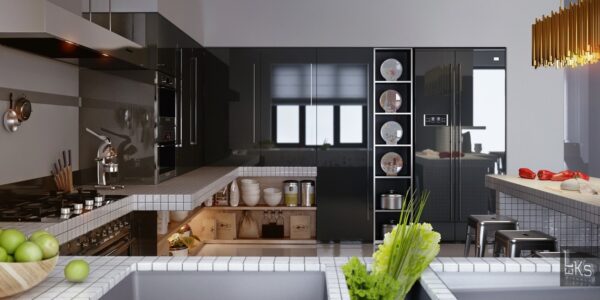 Leks Architects Kiev Apartment- monochrome lacquered kitchen with modern fixtures