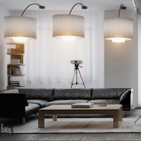 Leks Architects Kiev Apartment- triple modern lighting over black leather lounge with projector