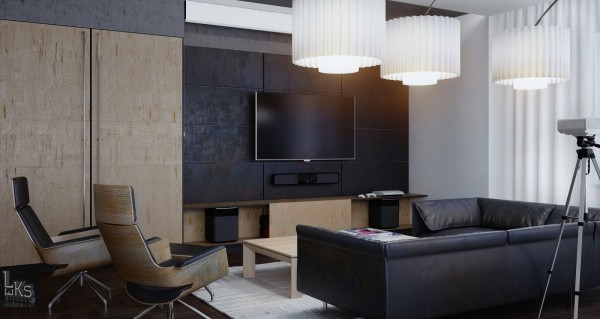 Leks Architects Kiev Apartment- wood and slate monochrome lounge with modern light fixtures