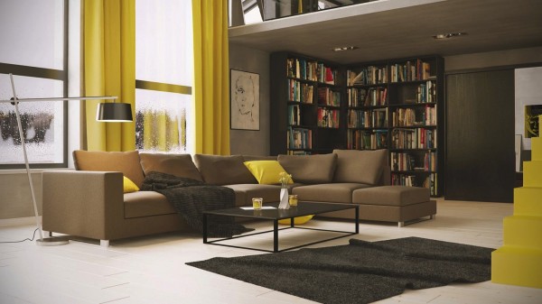 Michal Skitomek- living with library and yellow accents