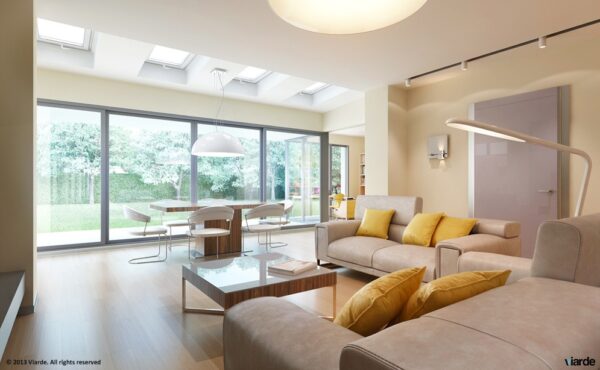 Viarde- neutral living with yellow and windowed wall