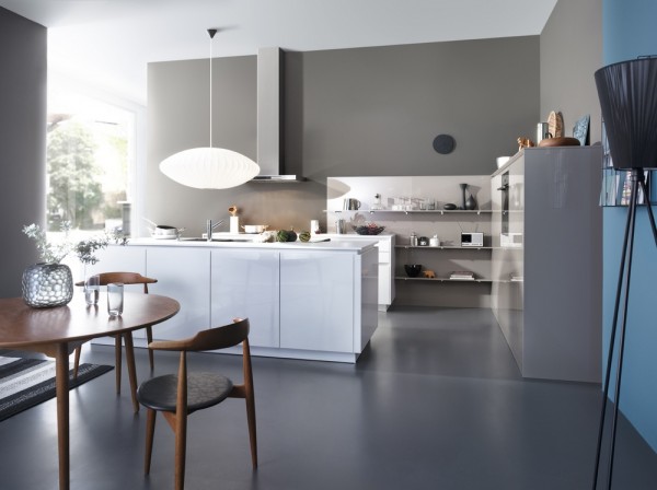 grey and stainless steel kitchen with white island