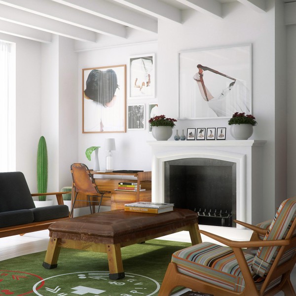 Mid-century modern furnishings and large-format modern photographs give this loft living room a balanced retro and modern feel.