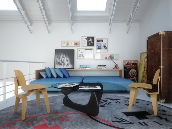 The loft space boasts dynamic hues of blue and red which pop against the white walls.
