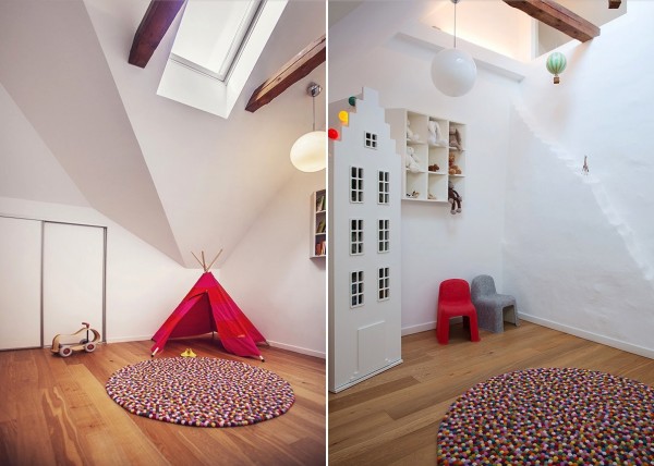 This child's room offers plenty of space to roam and play and a cool red teepee to hide out in.