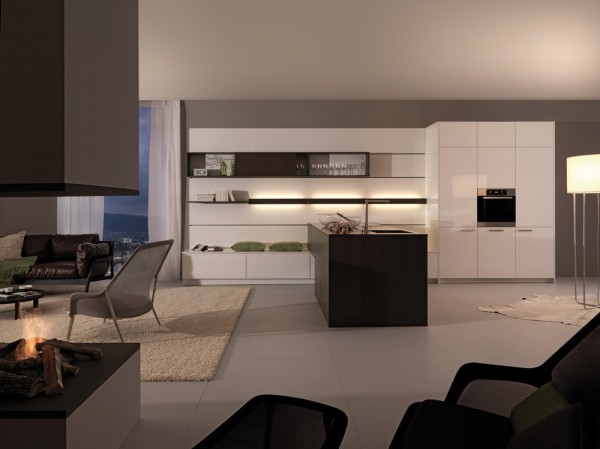white and grey kitchen with wood look island