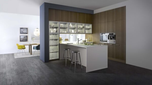 white kitchen island with wood cladding and flooring