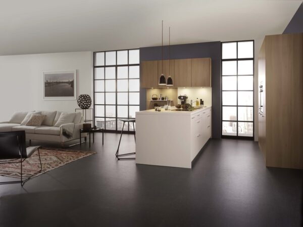 wooden kitchen with white island