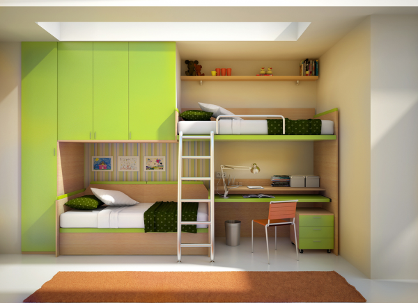 The ultimate built-in for any kids room, this wall unit features off set bunk beds, storage and closet space and work desk.