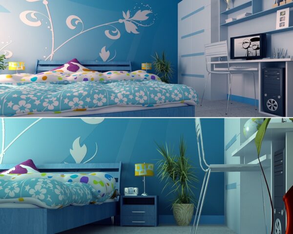 Ultra modern. this teen girl's bedroom is awash in blue and pops of brilliant color. A built in closet and desk provide plenty of storage and an area for homework.