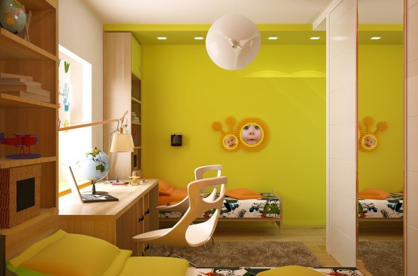 This twin bedroom would certainly be happy to wake to each morning with its lemony yellow walls, fun prints and child like exuberance. Built-in shelves above the bed keep favorite items close at hand.