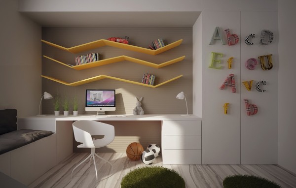 This built-in is filled with functionality and purpose. It features a long desk with drawers, closet and turning the corner a connected bench.