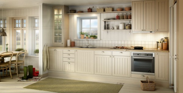 Highly functional yet charmingly rustic, the Koster canvas kitchen pays homage to true Shaker style. Details include antiqued oval hardware, driftwood antique look worktops and framed doors set in creamy white cabinetry.