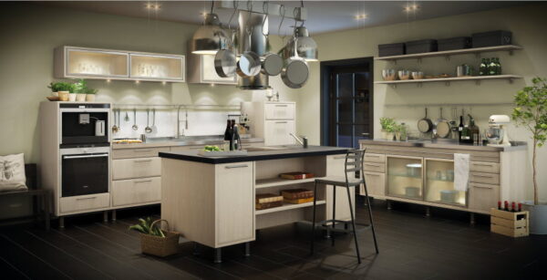 The Ekero birch kitchen inspires with its ample, open work spaces and plentiful storage elements. It's an exciting mix of modern function and charming European styling. The substantial island is an ideal place to prepare food as well as plan menus and browse cookbooks.