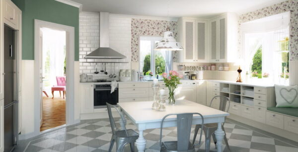 The Lindo white kitchen is a charming cottage style space featuring crisp cabinetry with braided detailing, antiqued hardware and handy wall hatches to keep oft-used items close at hand. Painted diamond-patterned wood flooring adds as does the floral wallpaper in spring-like hues.