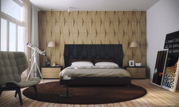 The wood wall behind the bed appears as if it has been woven and offers a dynamic headboard with a color blocked accent in black.