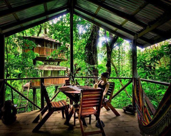 A covered deck is furnished with dining table and chairs providing a place for conversation or time alone of a cup of coffee. Another of the connected treehouses can be seen in the background.