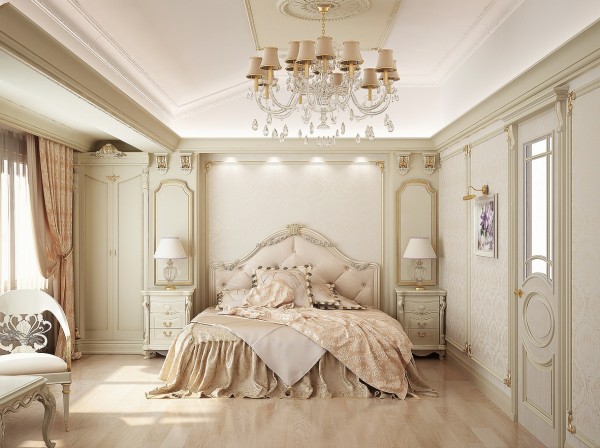 This French inspired bedroom mixes a little romance with elegant formal accents. The soft peach hues warm the otherwise creamy palette.