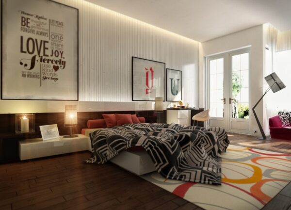 This dynamic contemporary bedroom is filled with texture and pattern with its wainscot wall treatment, large area rug with random circle motif, graphic bedding and wood floors.