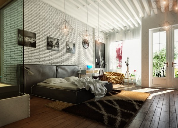 An exposed brick wall adds both texture and pattern to this eclectic bedroom as does the beamed ceiling.