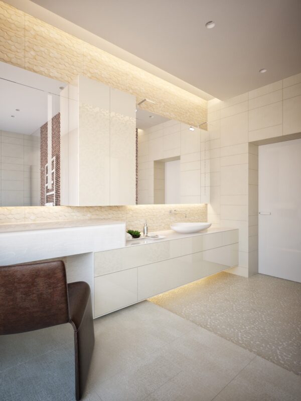 The master bathroom features a scale-like backsplash, natural stone tile floor and adjacent abstract cobblestone floor. The result is a cacophony of texture and pattern in tone on tone cream and white.