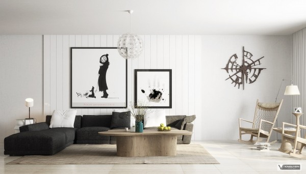monochrome lounge with light organic accents