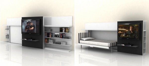 A sliding media center unveils a fold out twin bed behind. What bachelor wouldn't love this set up?