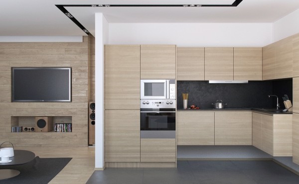 The minimalist kitchen is compact and streamlined with flat panel cabinetry sans hardware and a slate back splash.